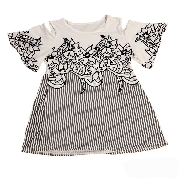 Rotita Womens Sz XL Cold Shoulder Flower Print Striped Blouse - Picture 4 of 6